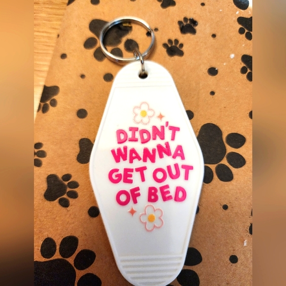 Accessories - White Keychain with Pink Text